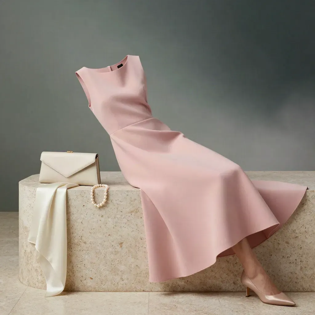Abito midi cipria con clutch crema, décolleté nude, perle e sciarpa in un set elegante.
