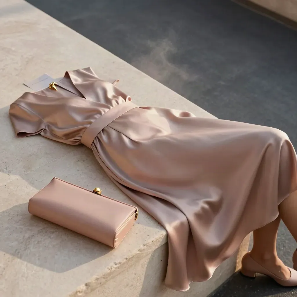 Abito rosa cipria, clutch, orecchini e décolleté su seduta di pietra, luce drammatica