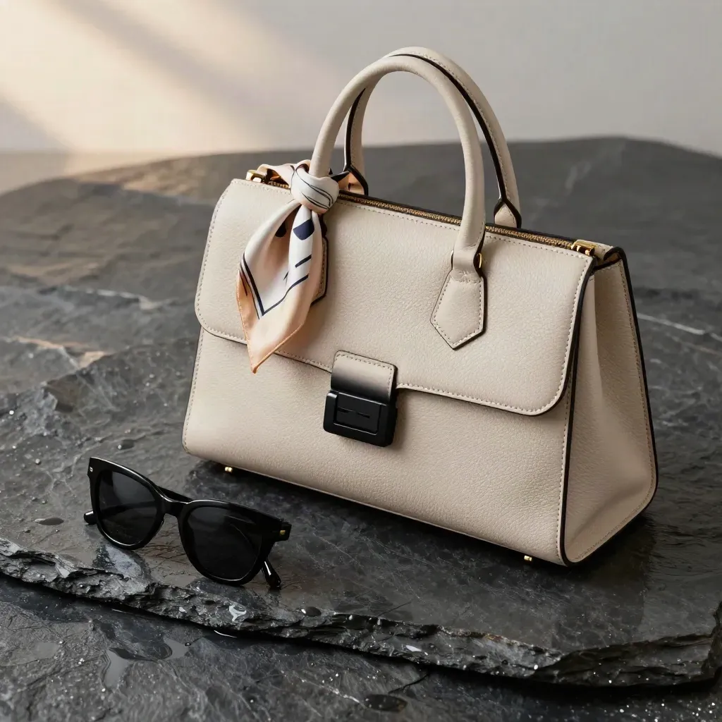 Borsa crema con foulard e occhiali su pietra bagnata, con riflessi fini e luce morbida.
