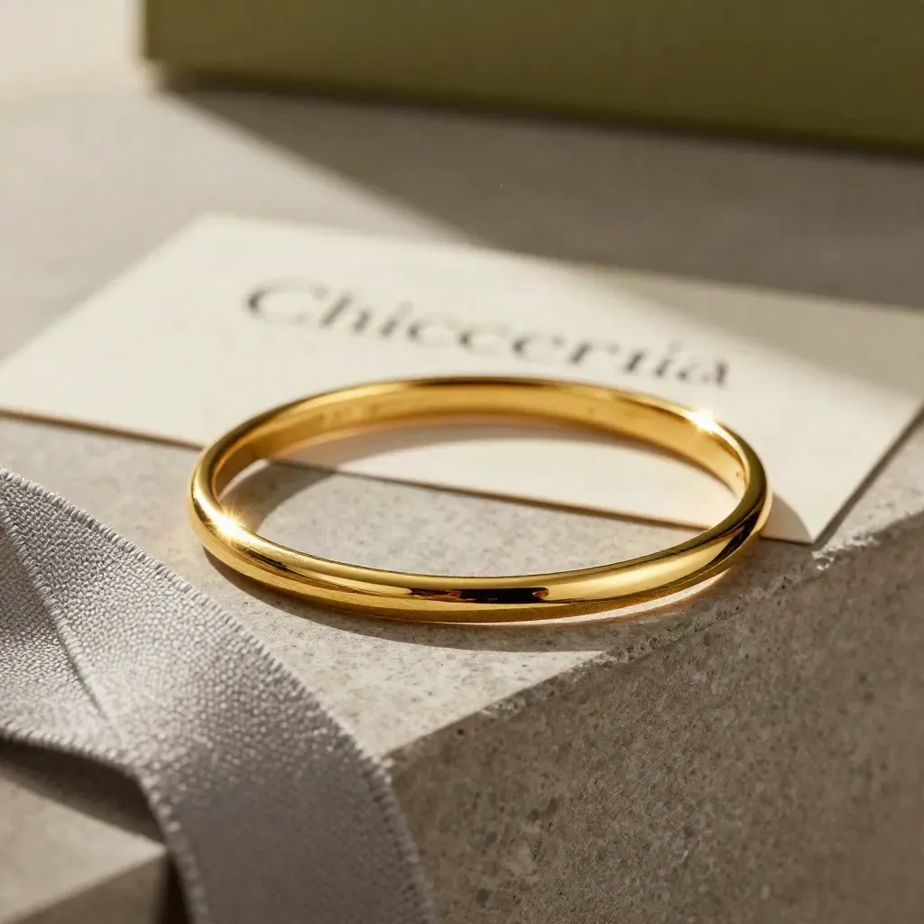 Bracciale rigido dorato su lino grigio con anello sottile, luce soffusa e riflessi eleganti.