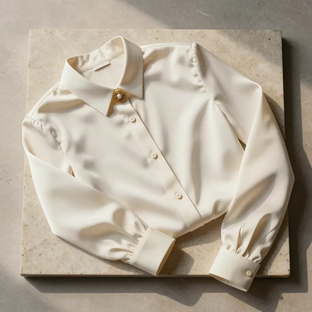 Blusa in seta avorio piegata in flatlay con bottoni coperti e broche dorata su pietra chiara
