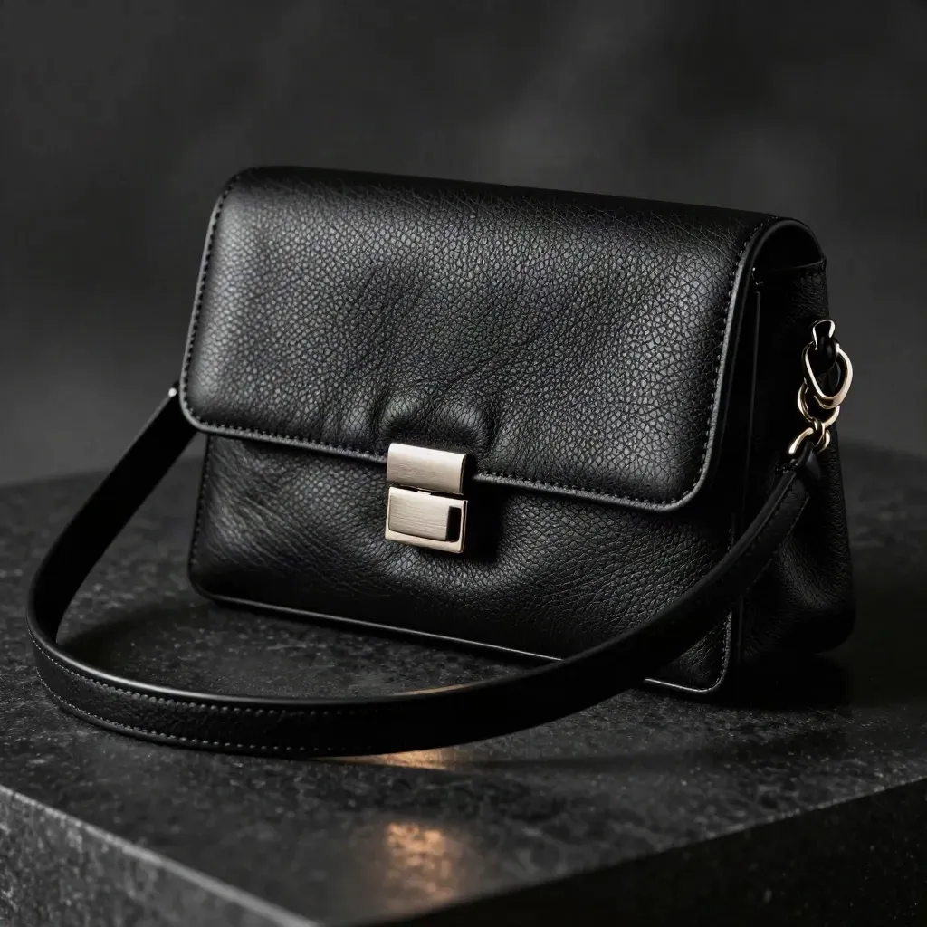 Pochette nera da sera con tracolla sottile, riflessi metallici e luce drammatica.