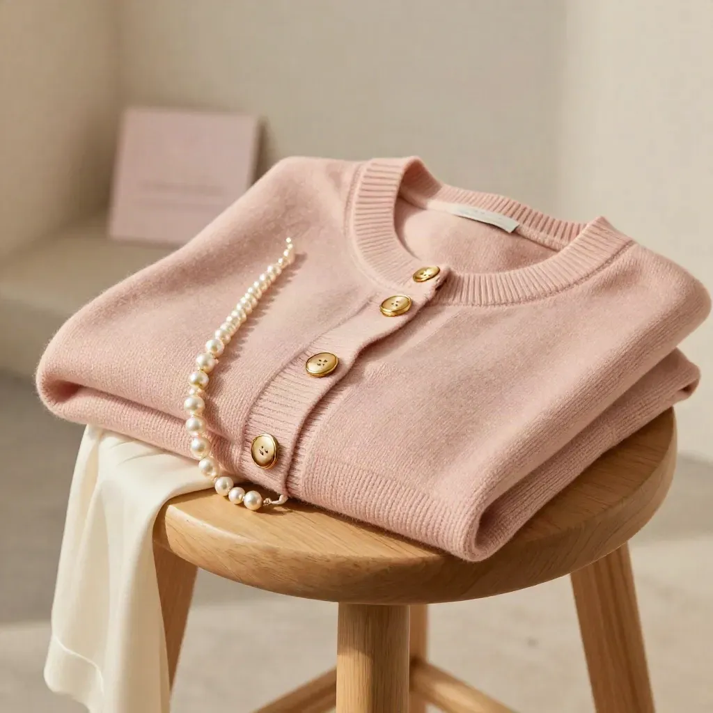 Cardigan cipria con bottoni oro su sgabello, perle e tessuto avorio, stile elegante.