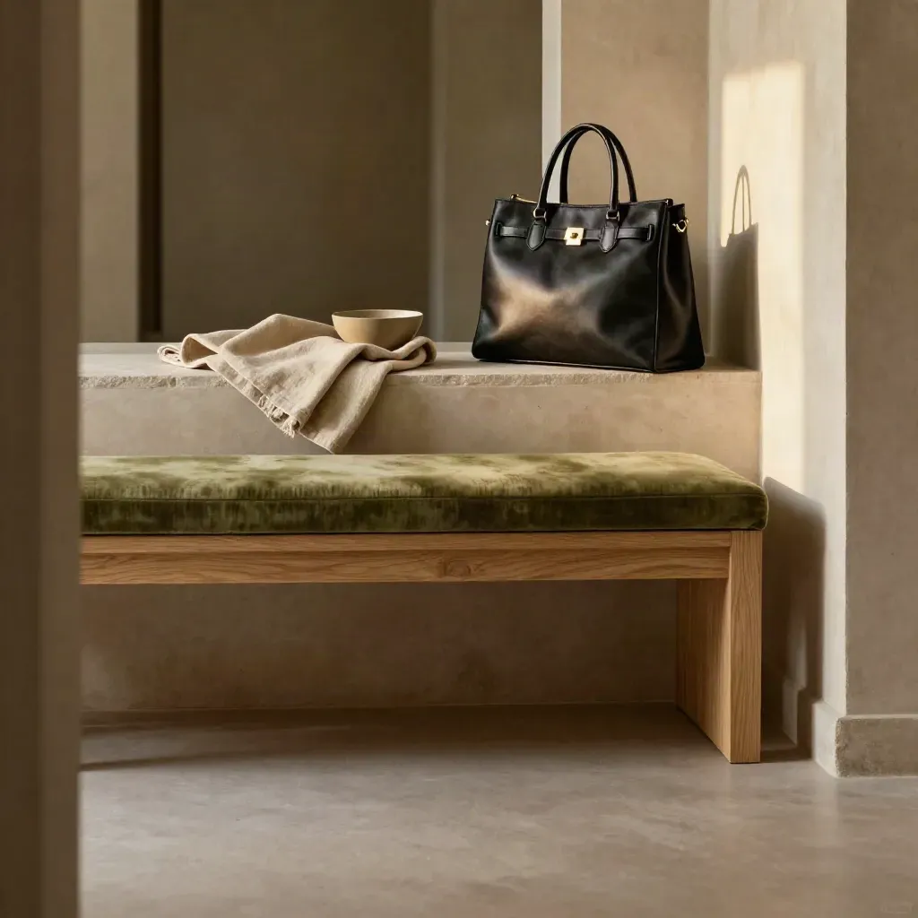 Interno boutique luminoso con borsa nera sfocata in alto e ampio spazio vuoto sotto.