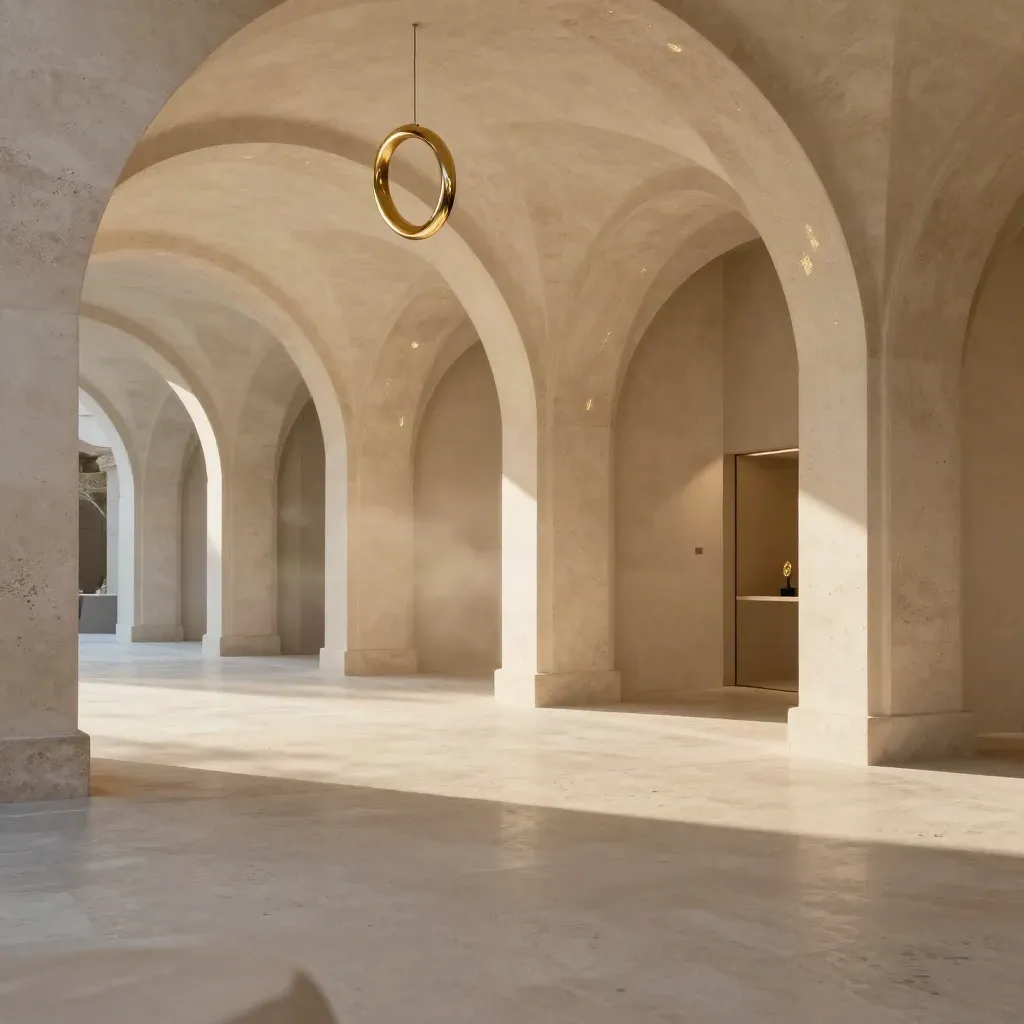 Archi in pietra con dettagli oro su pavimento chiaro, luce morbida e spazio calmo per il testo.