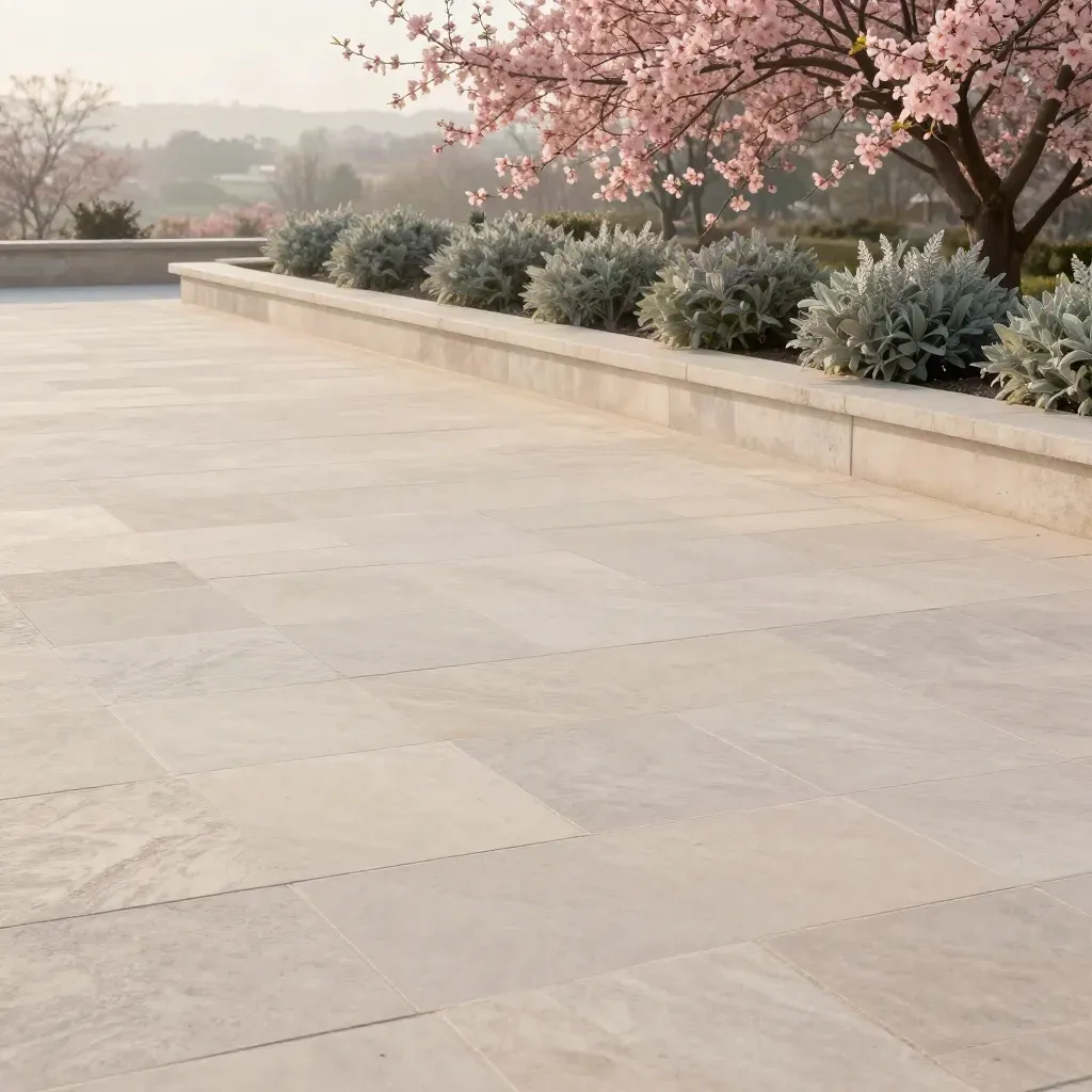 Terrazza di pietra chiara in un giardino alto, con nebbia mattutina e fiori rosa cipria.